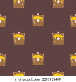 Seamless pattern with pumpkin character with emotions and face in pirate bandana, crossed sabers and with treasure chest and gold coins. Print to decorate Halloween party, birthday or holiday,