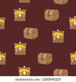 Seamless pattern with pumpkin character with emotions and face in pirate bandana, crossed sabers and with treasure chest and gold coins. Print to decorate Halloween party, birthday or holiday