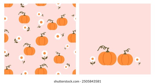 Seamless pattern with pumpkin and daisy flower on pink background. Pumpkin and cute flower icon sign vector.