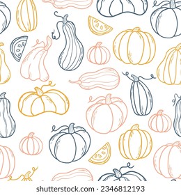 seamless pattern Pumpkin. Doodle. Hand drawing. Vector illustration in modern style. Festive pumpkin. Autumn vegetable.