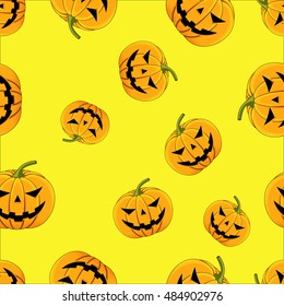 Seamless pattern pumpkin with eyes and mouth Halloween.