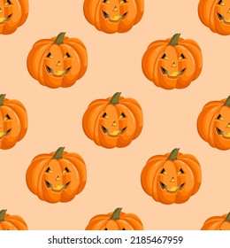 Nahtloses Muster mit Kürbis mit einem Gesicht für Heilbutt. Ernte im Oktober. Vektorgrafik für Stoffe, Texturen, Wallpaper, Poster, Karten. Bearbeitbare Elemente.