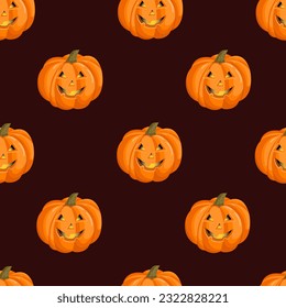 Seamless pattern with a pumpkin with a face for halloween. October harvest. Vector illustration for fabrics, textures, wallpapers, posters, cards. Editable elements.
