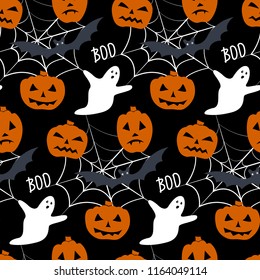 Seamless pattern with - pumpkin, ghost, spider web and bat. Vector repetitive wallpaper for Halloween.