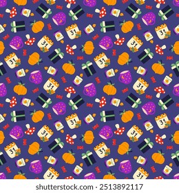 Seamless pattern with pumpkin, gift box, fly agaric, mug, candy, calendar and candle. Halloween theme. Isolated image on blue background. 