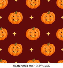 Seamless pattern with a pumpkin with a halloween face with stars. October harvest. Vector illustration for fabrics, textures, wallpapers, posters, cards. Editable elements.