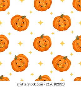 Seamless pattern with a pumpkin with a halloween face with stars. October harvest. Vector illustration for fabrics, textures, wallpapers, posters, cards. Editable elements.