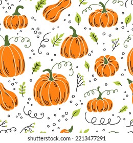 Seamless pattern with pumpkin. Hand drawn vector illustration. Farm market product, vegetable.