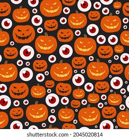 seamless pattern of pumpkin head and eyes on black background. lantern in Halloween party celebration. vector