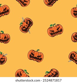 seamless pattern of pumpkin head lights on yellow orange background. lantern in Halloween party celebration. vector
