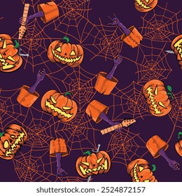 seamless pattern of pumpkin head lights, Spider web, bat on black and dark purple background. lantern in Halloween party celebration. vector