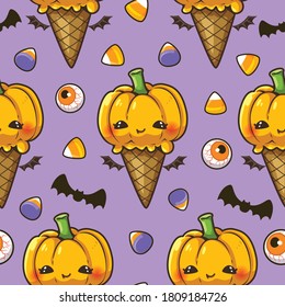 Seamless pattern pumpkin ice cream with waffle cone, jelly, bat and eyes on purple background. Bright cute cartoon character style. Vector illustration.
