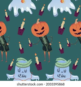Seamless pattern pumpkin jack with candle and ghost. Vector illustration of creepy creatures for halloween, background, wallpaper, wrapper, banner, poster.