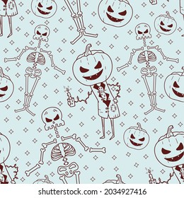 Seamless pattern pumpkin jack and skeleton. Vector outline illustration for halloween, background, wallpaper, wrapper, banner, poster.