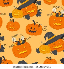 Seamless Pattern of Pumpkin Lanterns with Faces for Halloween