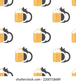 Seamless pattern with pumpkin latte in a transparent glass mug with whipped cream on white background. Background with an invigorating and tonic drink. Set with mugs of light beer with foam.