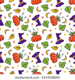 Seamless pattern with pumpkin, leaves, hat, moon and stars. In cartoon style, on a white background. Halloween theme. 