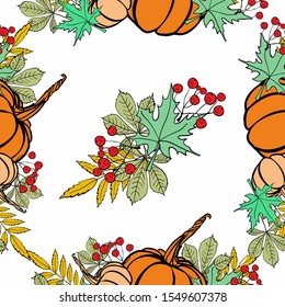 Seamless pattern with pumpkin, leaves on a theme of autumn.