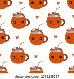 Seamless pattern with pumpkin mug drinks Vector