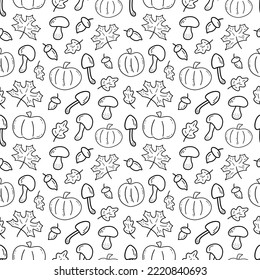 Nahtloses Muster mit Kürbis, Pilzen, Herbstblättern und Eicheln. Doodle, schwarz-weiß, Vektorgrafik. Herbstsaison. Druck für Stoff, Papier oder Umhüllung. Weißer Hintergrund