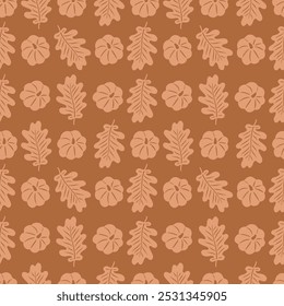 Seamless pattern with pumpkin, oak leaves on white background