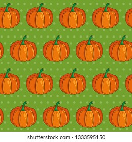 Seamless pattern with pumpkin on green background.