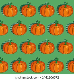 Seamless pattern with pumpkin on green background.