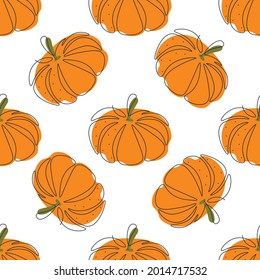 Seamless pattern with pumpkin on a white background. Autumn pattern for printing on fabric or paper. Single line drawing with color. Flat vector illustration.