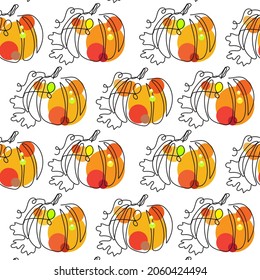 Seamless pattern with pumpkin on a white background. Autumn pattern for printing on fabric or paper. Single line drawing with color. Flat vector illustration.