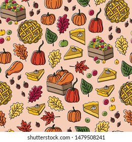 Seamless pattern with pumpkin pie, apple pie, and boxes with autumn harvest. Stock vector