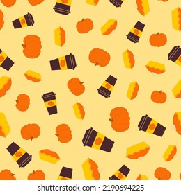 Seamless pattern with pumpkin pie, cup of coffee, pumpkin. Halloween background. Autumn harvesting. Retro design for print on fabric, wrapping paper, wallpaper, packaging. Vector illustration