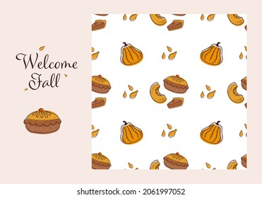 Seamless pattern of pumpkin pie and elements of cozy autumn. In the style of doodles. Cartoon vector illustration on a white isolated background