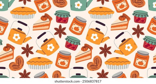 Seamless pattern with pumpkin pie, jam, and teapot. Warm orange colors. Falling period. Harvest. Traditional Thanksgiving Day symbols. Autumn cozy concept for wrapping paper, backgrounds and textiles.