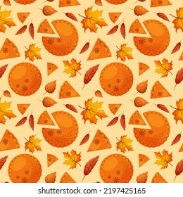 Seamless pattern with pumpkin pie, piece of pie and autumn leaves on light background
