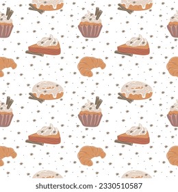 Seamless pattern with pumpkin pies, muffins, donuts and croissants. Sweet autumn desserts. Vector illustration