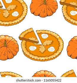 Seamless pattern with pumpkin pies and pumpkins. The theme of autumn, harvest and thanksgiving.