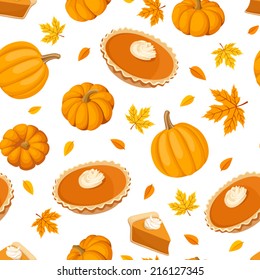 Seamless pattern with pumpkin pies and pumpkins. Vector illustration.