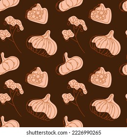 Seamless pattern with pumpkin pies, pumpkins and branch of berries. Vector illustration.