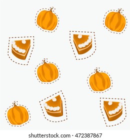 Seamless pattern with pumpkin pies and pumpkins on white background. Vector illustration.