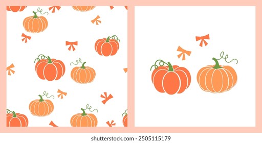 Seamless pattern with pumpkin and ribbon bow on white background. Pumpkin and ribbon bow isolated on white background.