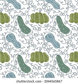 Seamless pattern with pumpkin in in scandinavian style. Flat pastel background of pumpkins. Floral pattern, interlacing of plants. Autumn background for thanksgiving, harvest.
