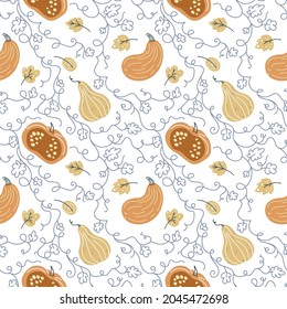 Seamless pattern with pumpkin in in scandinavian style. Flat pastel background of pumpkins. Floral pattern, interlacing of plants. Autumn background for thanksgiving, harvest.