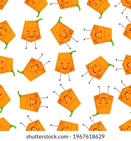 Seamless pattern pumpkin shaped patch pocket. Character pocket pumpkin. Cartoon style. Design element. 