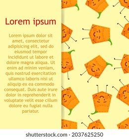 Seamless pattern pumpkin shaped patch pocket. Character pocket pumpkin. Cartoon style. Design element. Template for your shirts, books, stickers, cards, posters.
