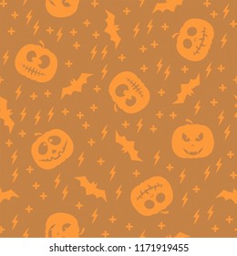 Seamless pattern with pumpkin silhouette and flying bat, dark color. Happy Halloween. Sample in file. Vector illustration