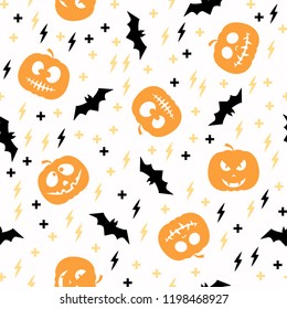 Seamless pattern with pumpkin silhouette and flying bat, dark color. Happy Halloween. Sample in file. Vector illustration