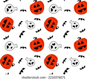 Seamless pattern with pumpkin silhouette and flying bat, dark color. Happy Halloween. Sample in file. Vector illustration