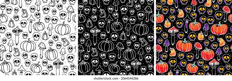 Seamless pattern pumpkin, skull and mushrooms. Repeating dark background for the holiday Halloween. Outline orange pumpkins, red amanita isolated on background. Set with coloring and color drawing