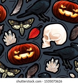 Seamless pattern with pumpkin, skull and raven