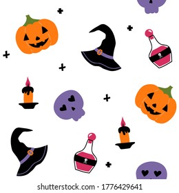 Seamless pattern with a pumpkin, a skull, a witch's cap and a candle. Vector pattern for Halloween. Flat design style. For fabric, wrapping paper, textiles, wallpaper.